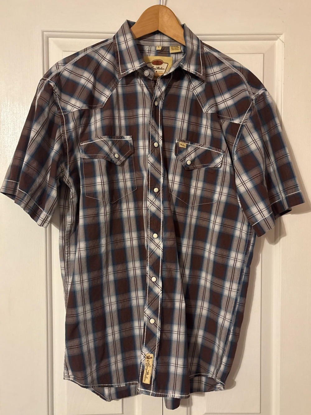 Larry Mahan Plaid Snap-Up Western Shirt in Brown, Blue & White - Large
